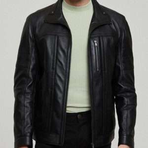 Men's Black Zippered Accents Leather Biker Jacket