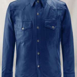 Men’s Pure Lambskin Blue Leather Shirt – Full Sleeve, Stylish Fit