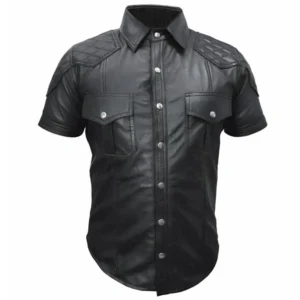 Men’s Black Leather Police Quilted Uniform Shirt – Sheep Leather