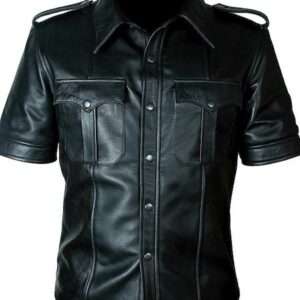 Men's Black Leather Shirt with Shoulder Loop Short Sleeve