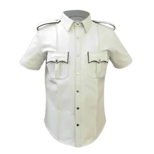White Genuine Leather Shirt with Epaulets & Chest Pockets