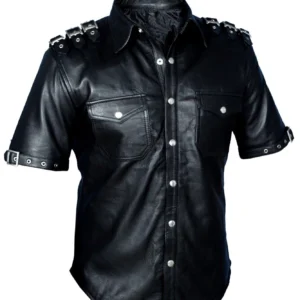 Men's Leather Shirt Police Uniform Style Shirt Hot BLUF GAY