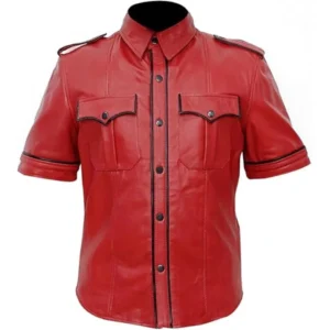 Men's Washed Red Leather Shirt with black lining